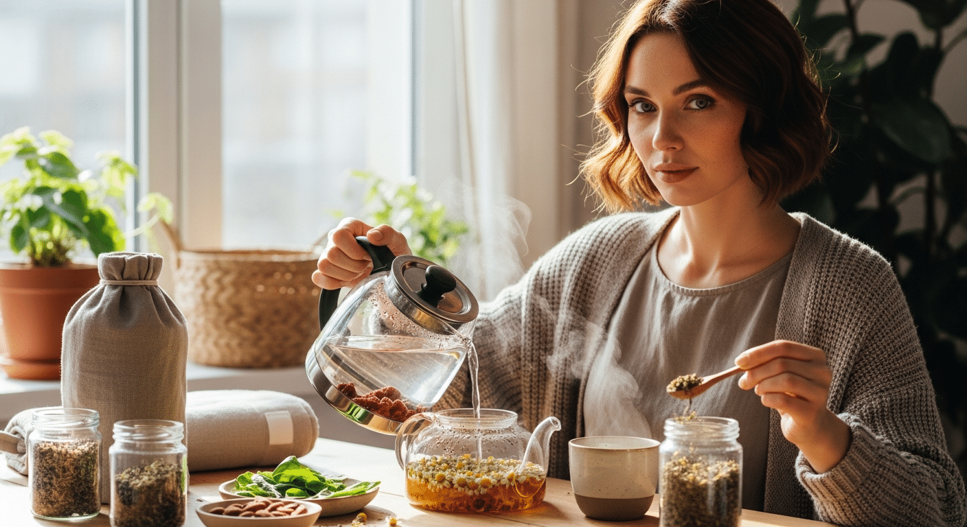 Nő készít kamillateát — természetes görcsoldó módszerek