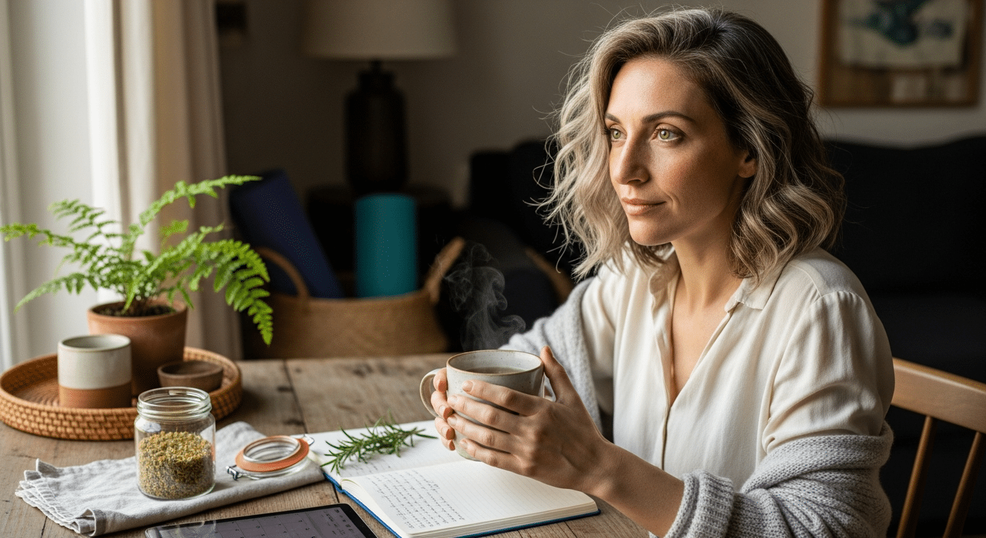 Nő napfényes lakásban gyógynövényes teával, hormonális eredetű meddőség támogatása