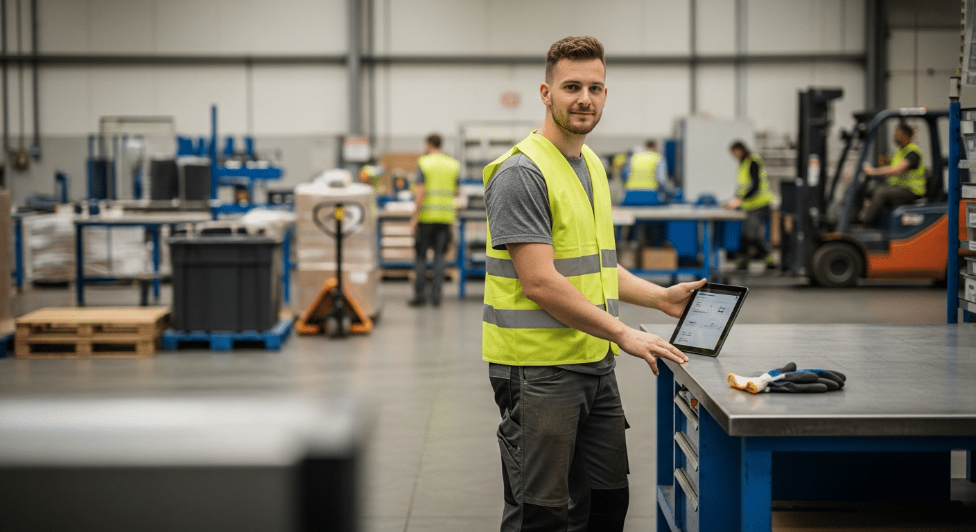 kékgalléros munkalehetőségek: gyári munkás fényvisszaverő mellényben tablettel