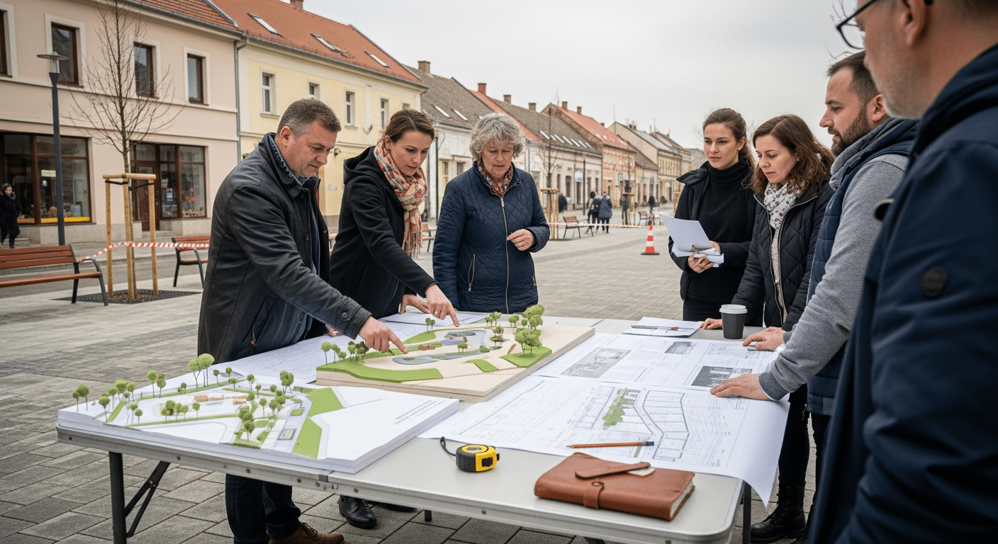 városfejlesztési fejlesztési pólusok tárgyalása a Főtér makettje mellett