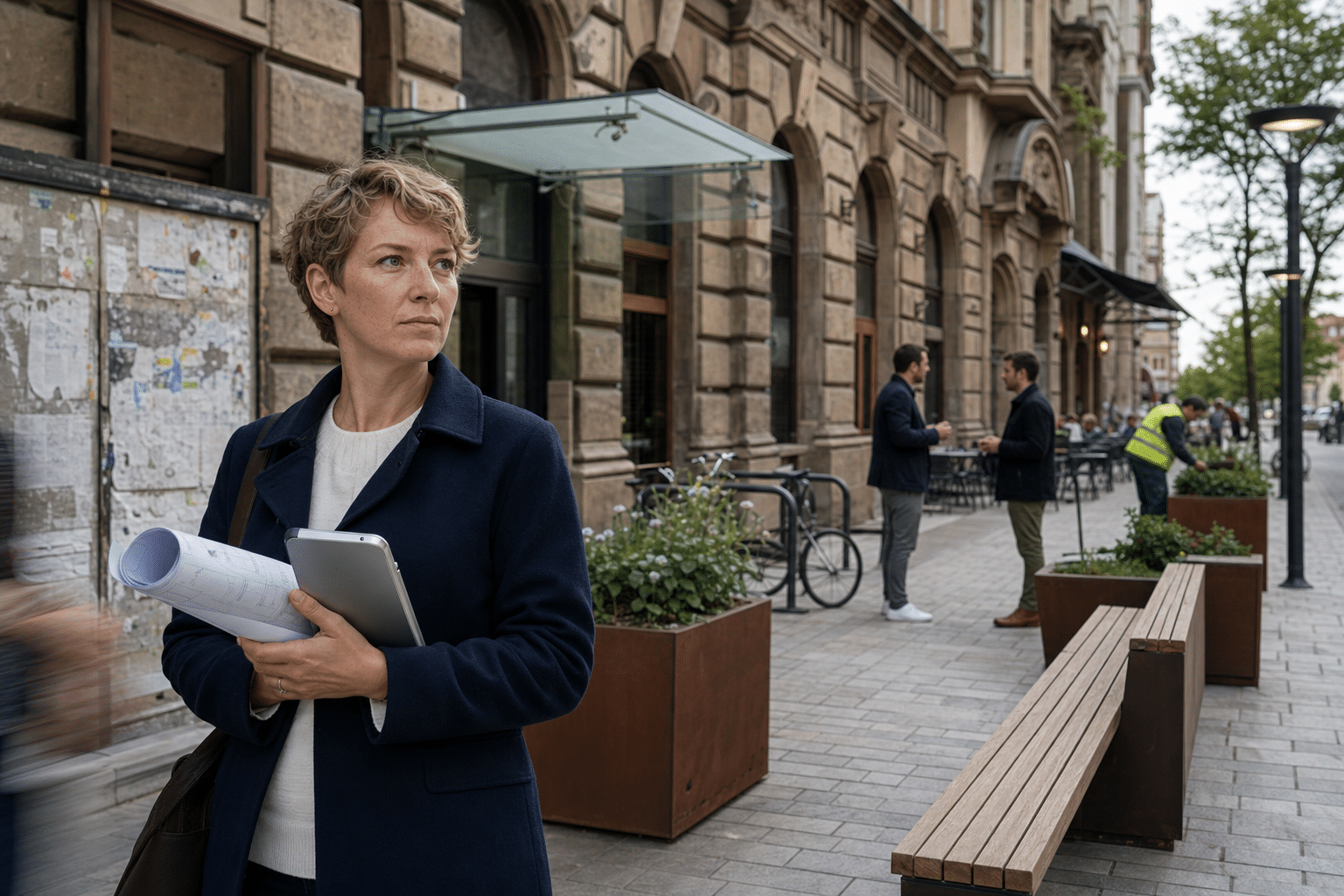 közszféra építési beavatkozás: várostervező tervekkel táblagéppel felújított történelmi utca előtt